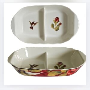 222 Fifth Belize Red 11" Oval Divided Vegetable Bowl Fine Porcelain Serverware